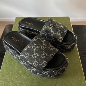 Gucci Black Jacquard Platform Logo Slides 37 7 7.5 denim leather Sandals Shoes